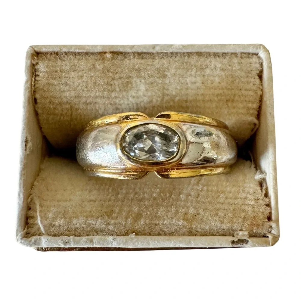 Vintage Wide Band Bezel Set Oval CZ 18kt GP Silver Tone Modern Ring Size 8